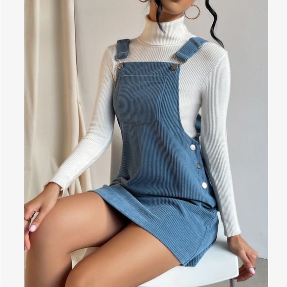 Classic Elegant Corduroy Solid Pocket Jumper Overall Dress Without Sweater - Picture 6 of 15
